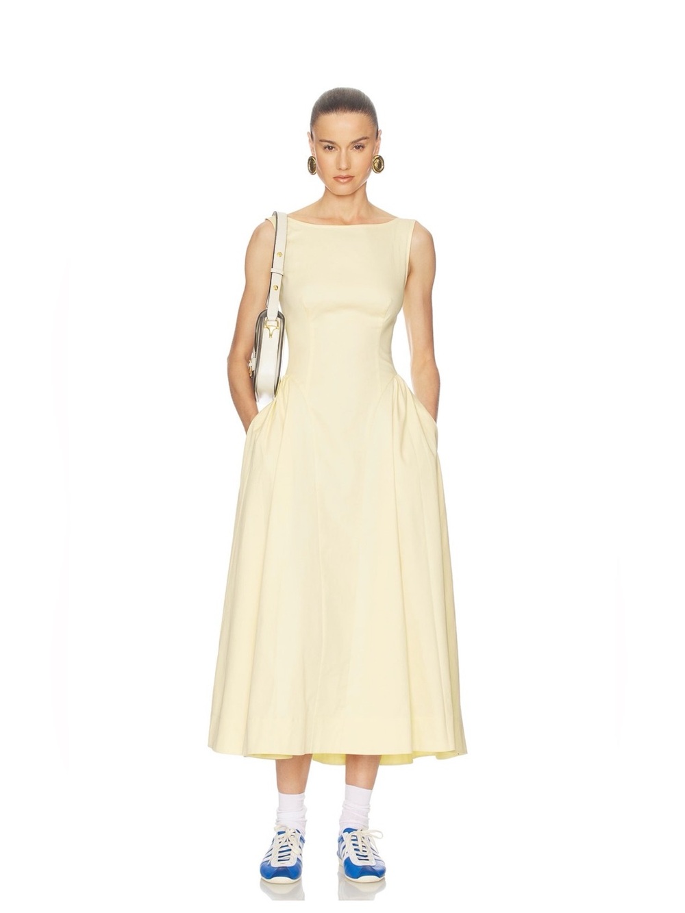 NWOT Helsa Stretch Cotton Sateen Sleeveless Midi Dress in Lemontini